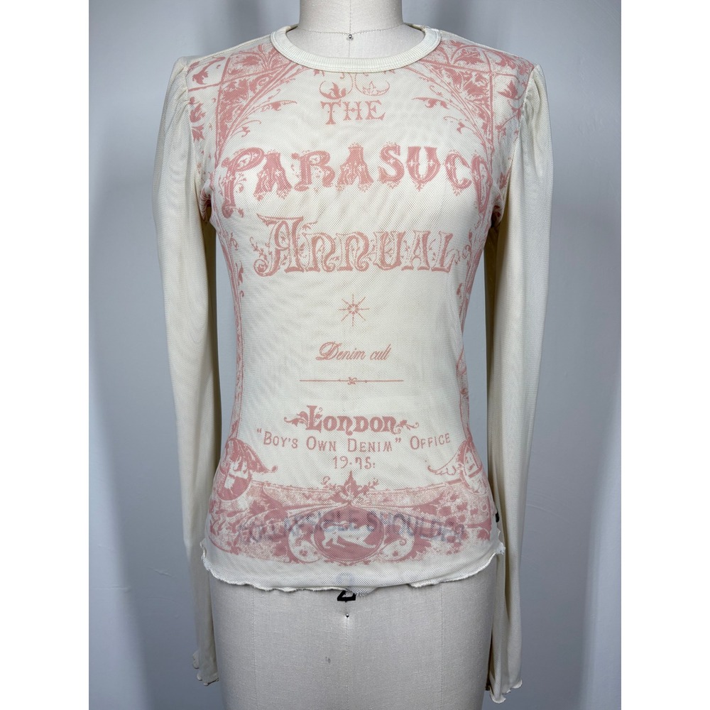 Vintage Y2K Parasuco Sheer Mesh Top Medium Cream Pink Graphic Grunge Fairycore